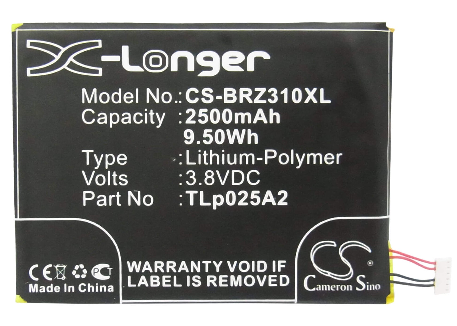 3.8V, 2500mAh, Li-Polymer Battery fits Blackberry, Stj100-1, Z3, 9.5Wh