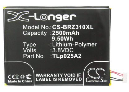 3.8V, 2500mAh, Li-Polymer Battery fits Blackberry, Stj100-1, Z3, 9.5Wh
