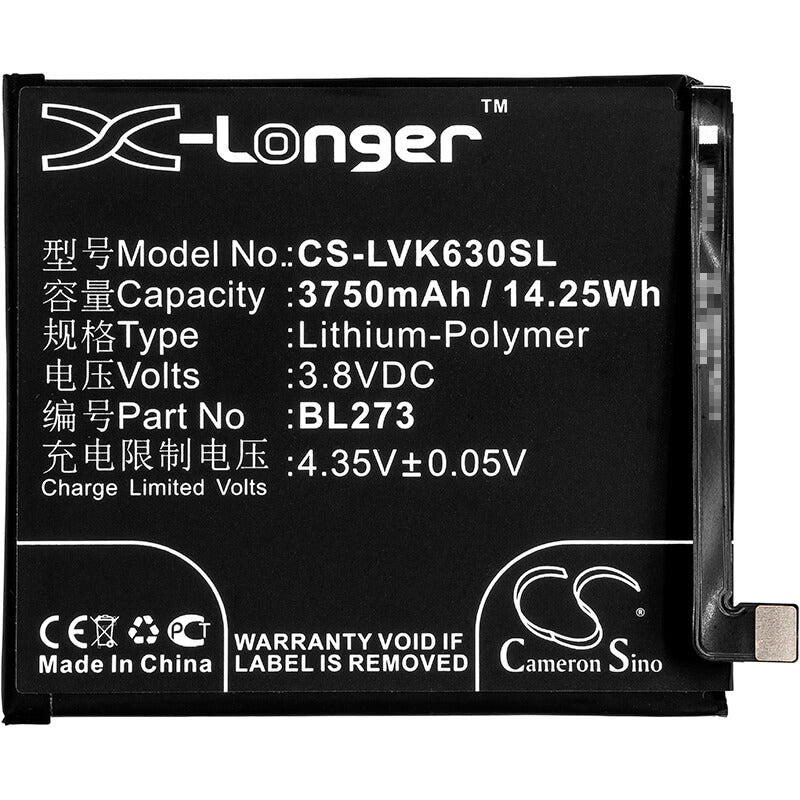 3.8V, 3750mAh, Li-Polymer Battery fits Lenovo, K6 Note, K6 Note Dual Sim, 14.25Wh