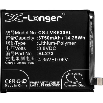 3.8V, 3750mAh, Li-Polymer Battery fits Lenovo, K6 Note, K6 Note Dual Sim, 14.25Wh