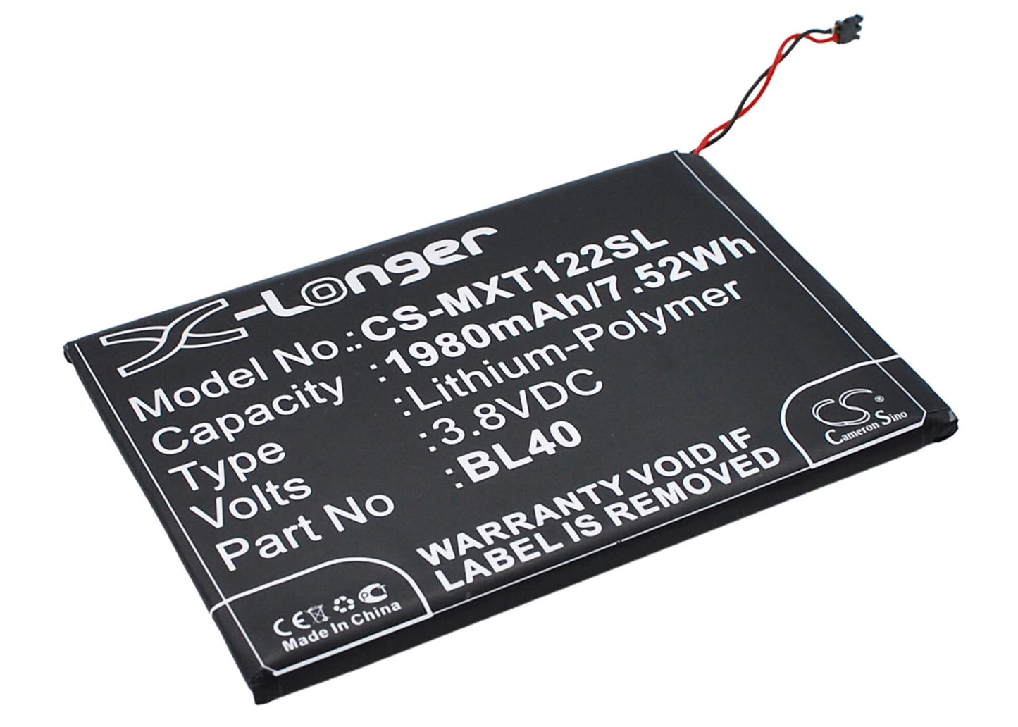 3.8V, 1980mAh, Li-Polymer Battery fits Motorola, Moto E, Moto E Dual Tv, 7.524Wh