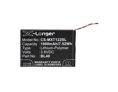 3.8V, 1980mAh, Li-Polymer Battery fits Motorola, Moto E, Moto E Dual Tv, 7.524Wh