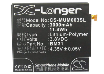 3.8V, 3000mAh, Li-Polymer Battery fits Xiaomi, 3, M3, 11.4Wh