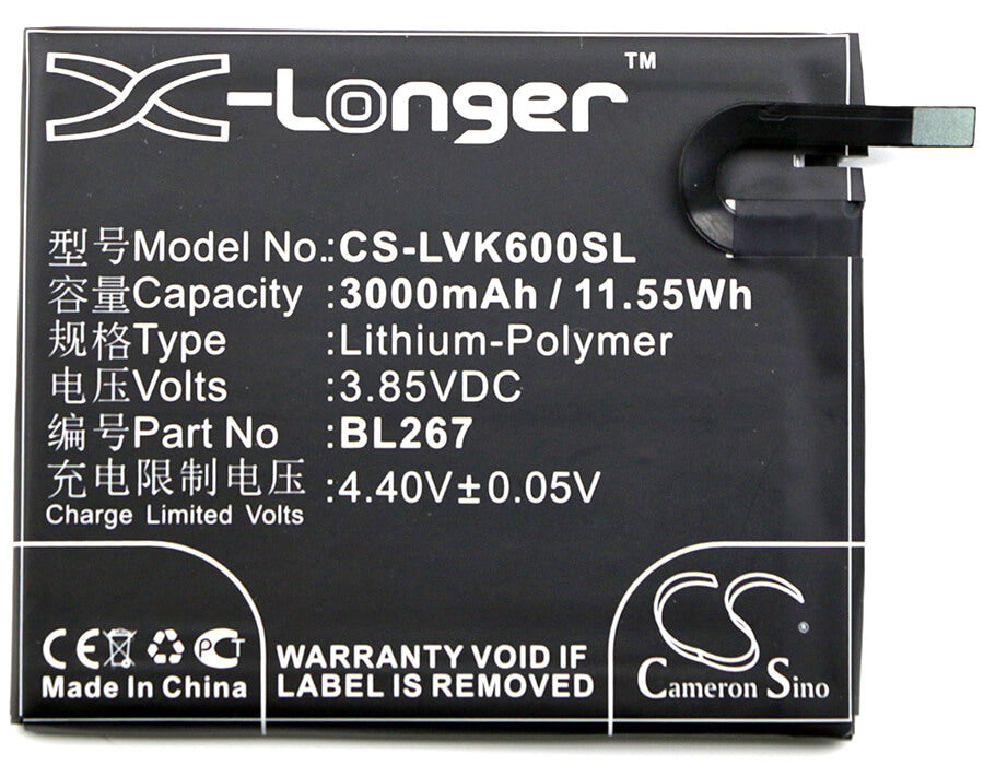 3.85V, 3000mAh, Li-Polymer Battery fits Lenovo, Vibe K6, 11.55Wh
