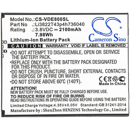 3.8V, 2100mAh, Li-ion Battery fits Zte, N9137, Nz9137, 7.98Wh
