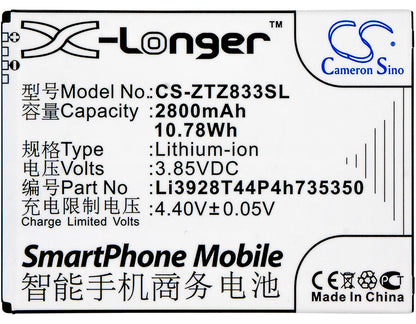 3.85V, 2800mAh, Li-ion Battery fits Zte, Avid Trio, Q802t, 10.78Wh
