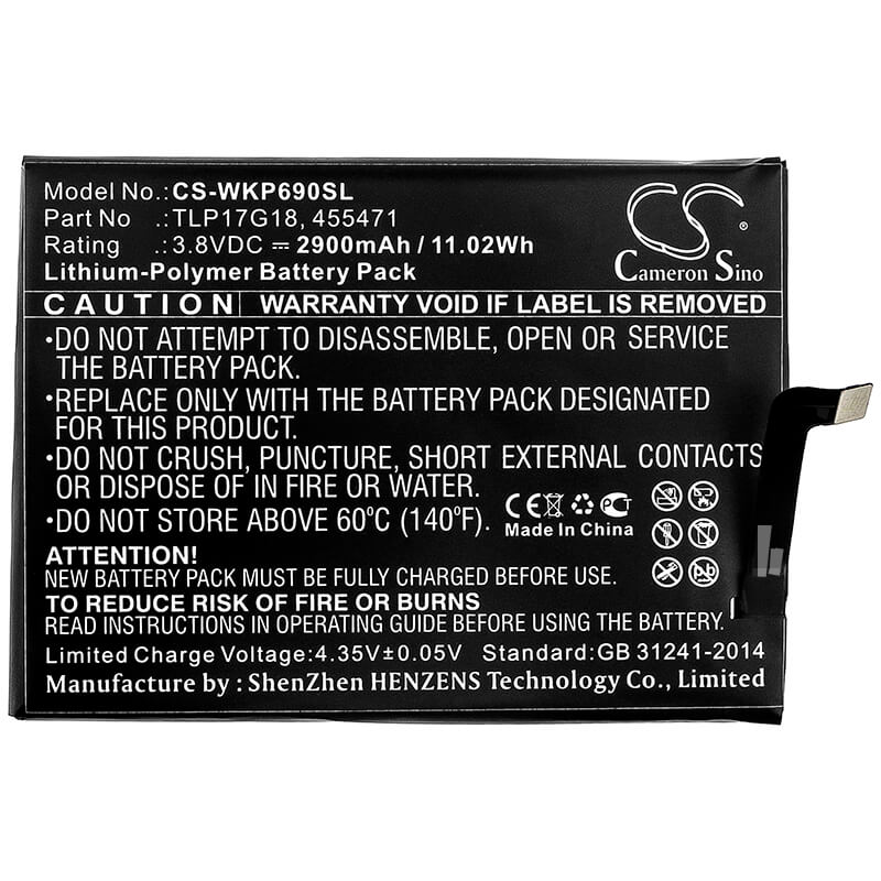 3.8V, 2900mAh, Li-Polymer Battery fits Wiko, P6901, Wim Lite, 11.02Wh