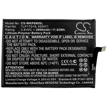 3.8V, 2900mAh, Li-Polymer Battery fits Wiko, P6901, Wim Lite, 11.02Wh