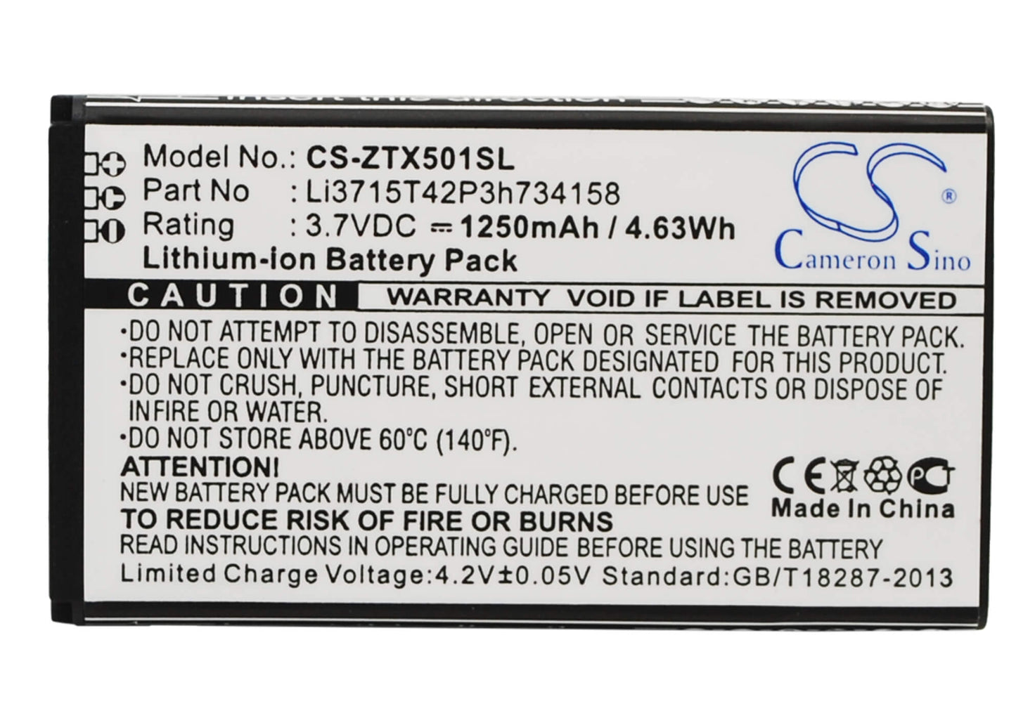 3.7V, 1250mAh, Li-ion Battery fits Zte, Score M, X500m, 4.625Wh