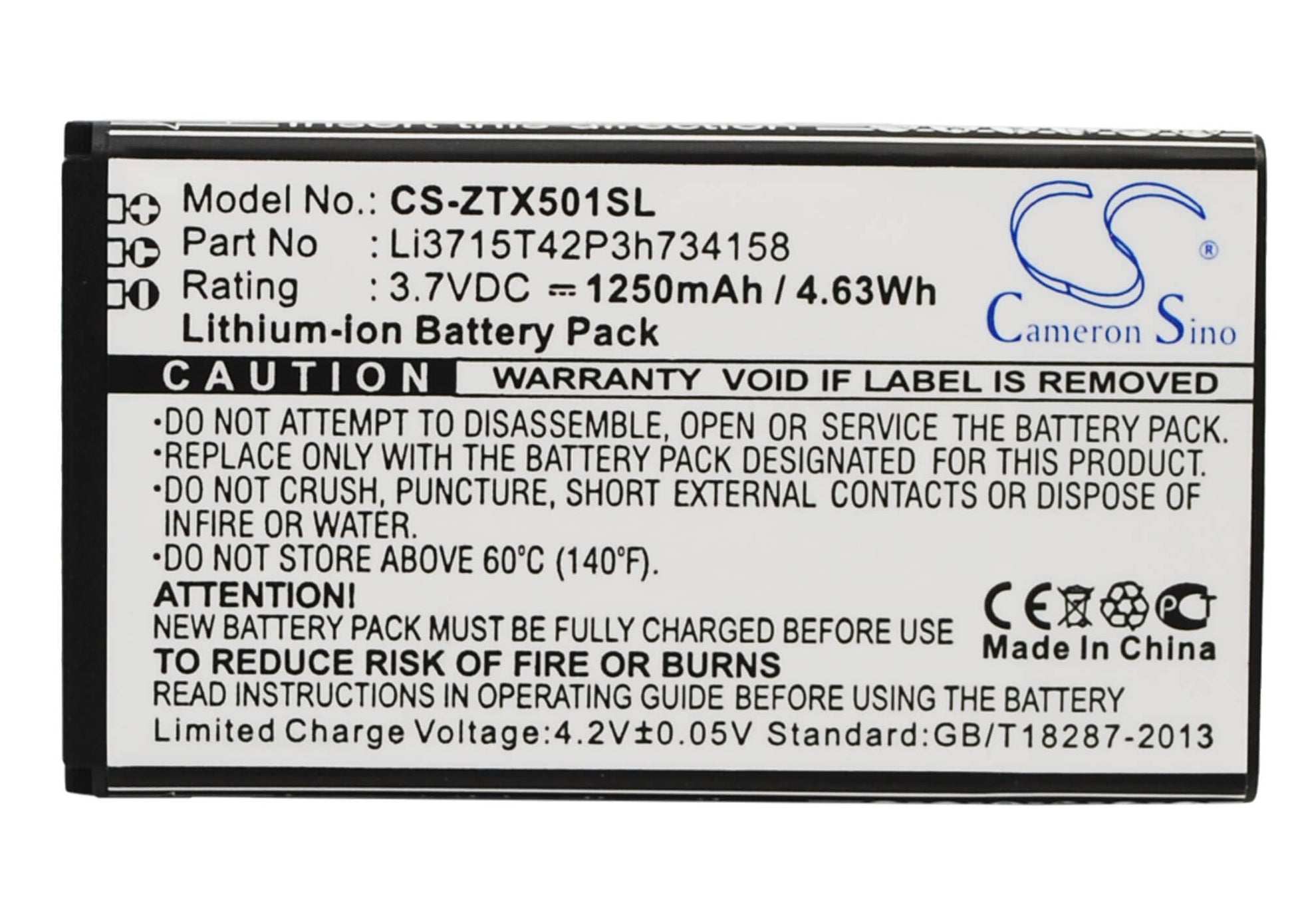 3.7V, 1250mAh, Li-ion Battery fits Zte, Score M, X500m, 4.625Wh