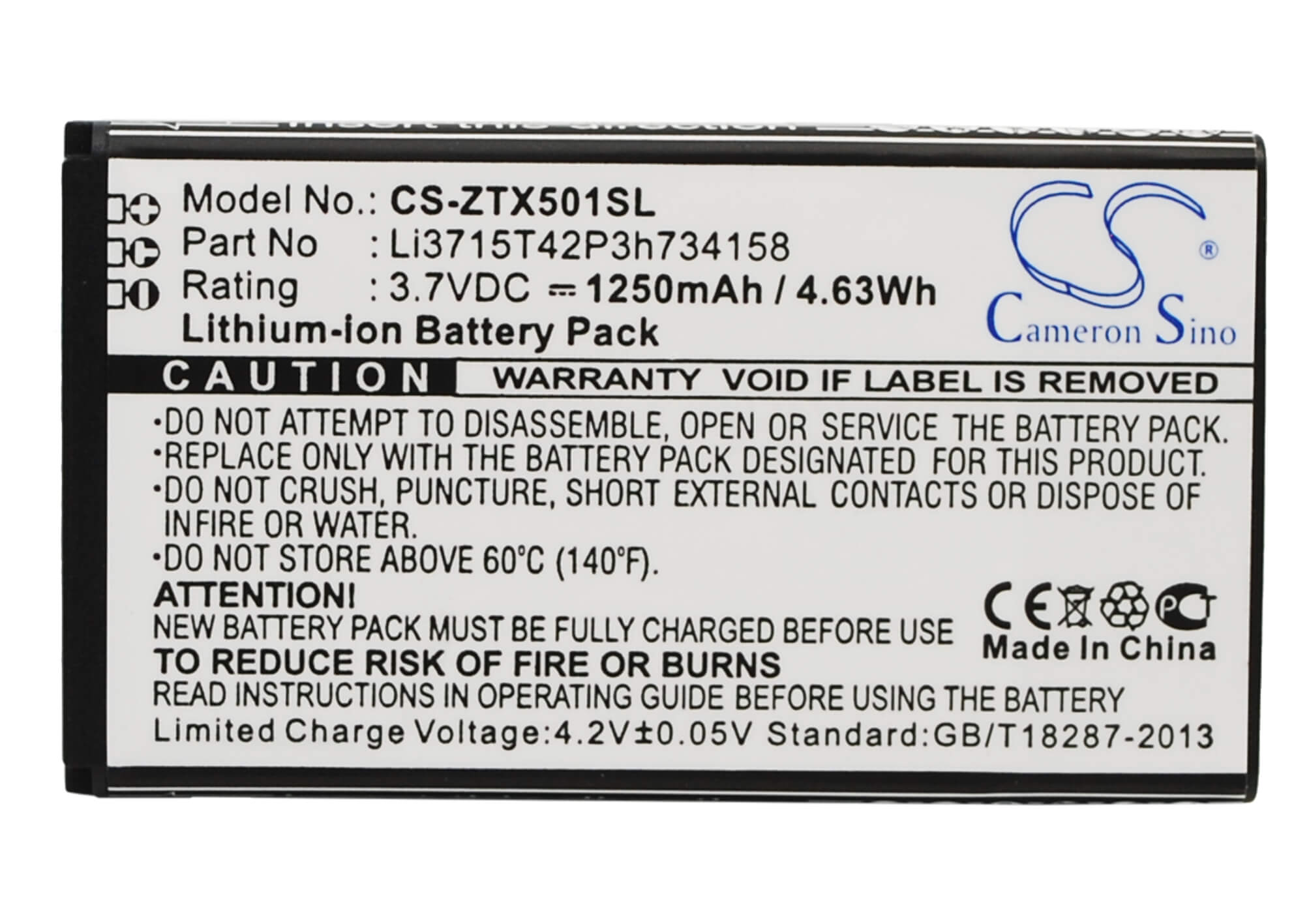 3.7V, 1250mAh, Li-ion Battery fits Zte, Score M, X500m, 4.625Wh
