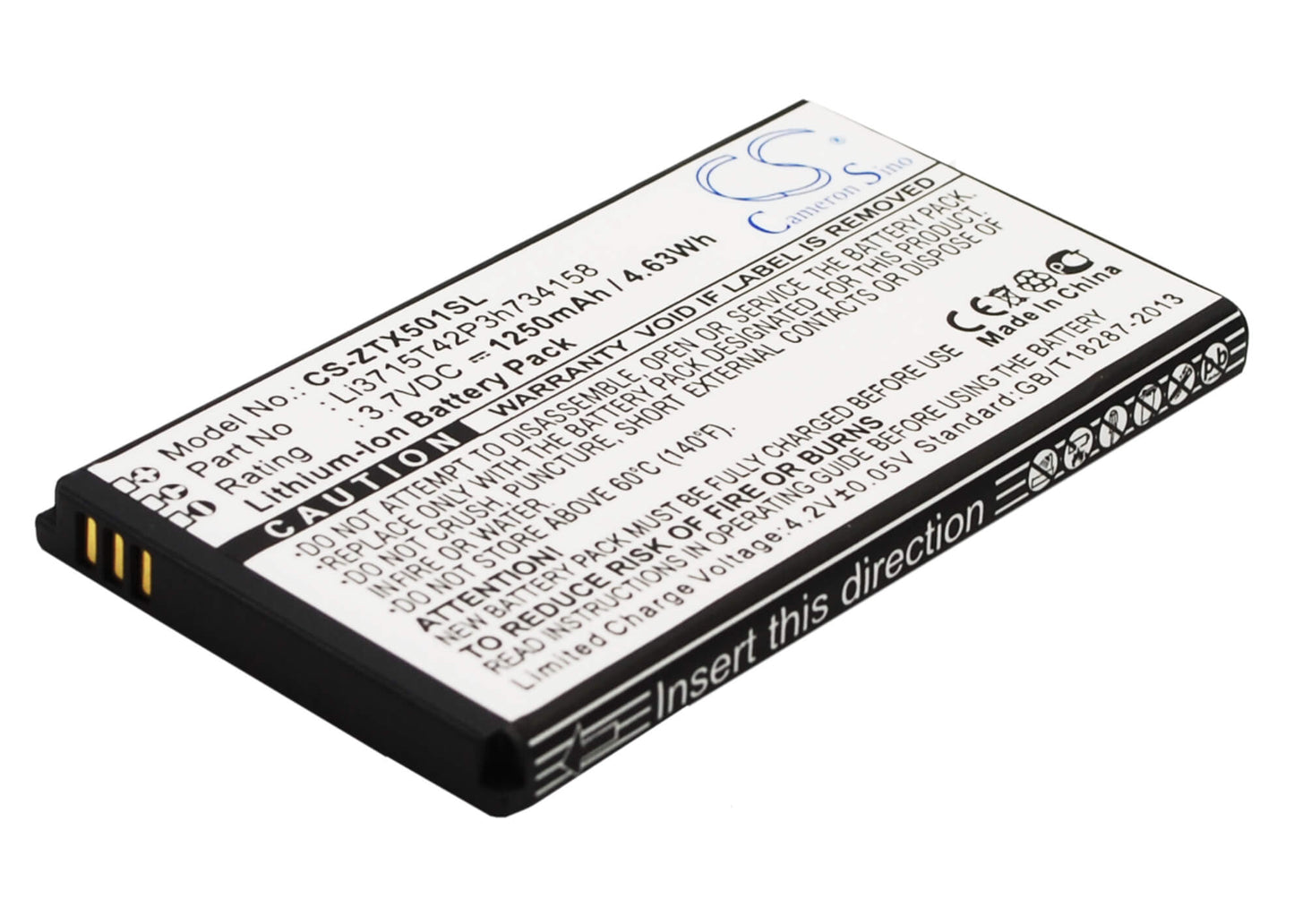 3.7V, 1250mAh, Li-ion Battery fits Zte, Score M, X500m, 4.625Wh