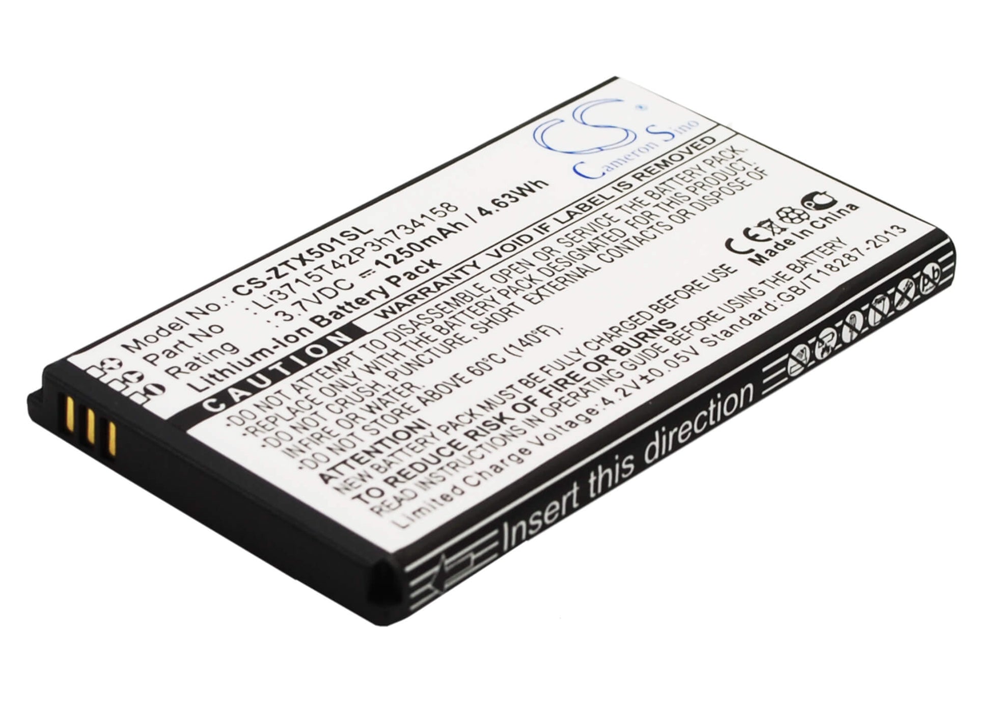 3.7V, 1250mAh, Li-ion Battery fits Zte, Score M, X500m, 4.625Wh
