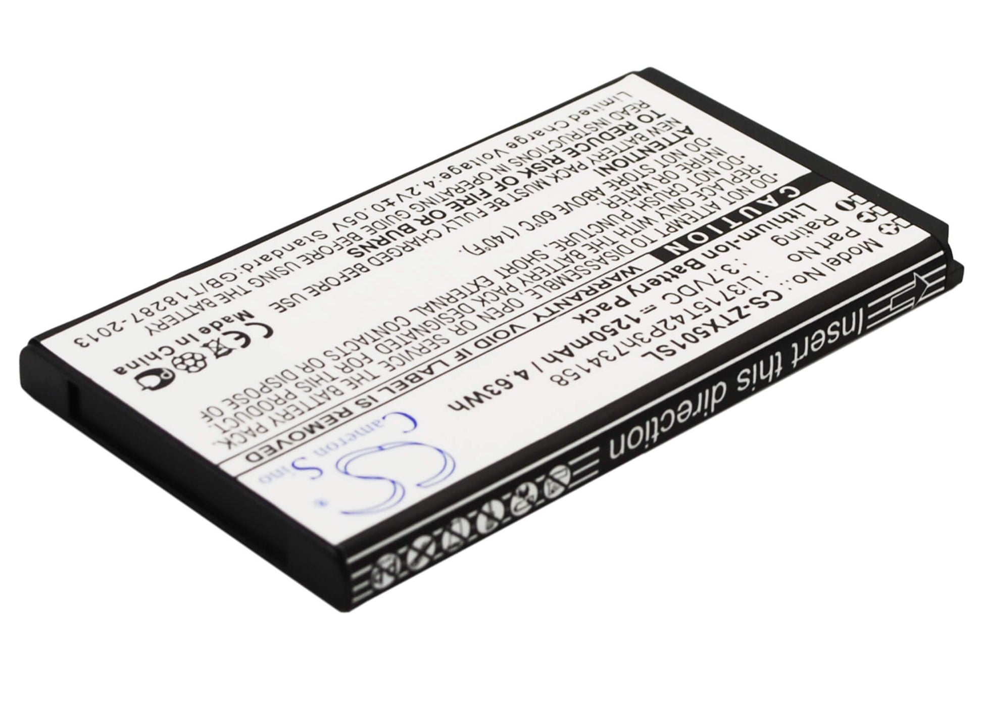 3.7V, 1250mAh, Li-ion Battery fits Zte, Score M, X500m, 4.625Wh