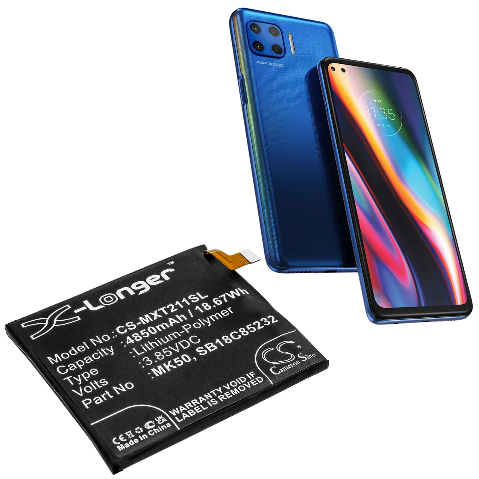 3.85V, 4850mAh, Li-Polymer Battery fits Motorola, Moto G 5g, Moto G 5g 2021, 18.6725Wh