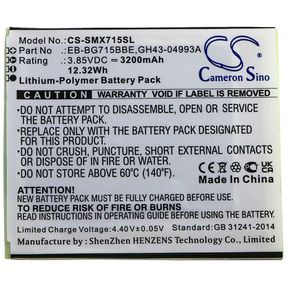3.85V, 3200mAh, Li-Polymer Battery fits Samsung, Galaxy Xcover Pro, Sm-g715, 12.32Wh