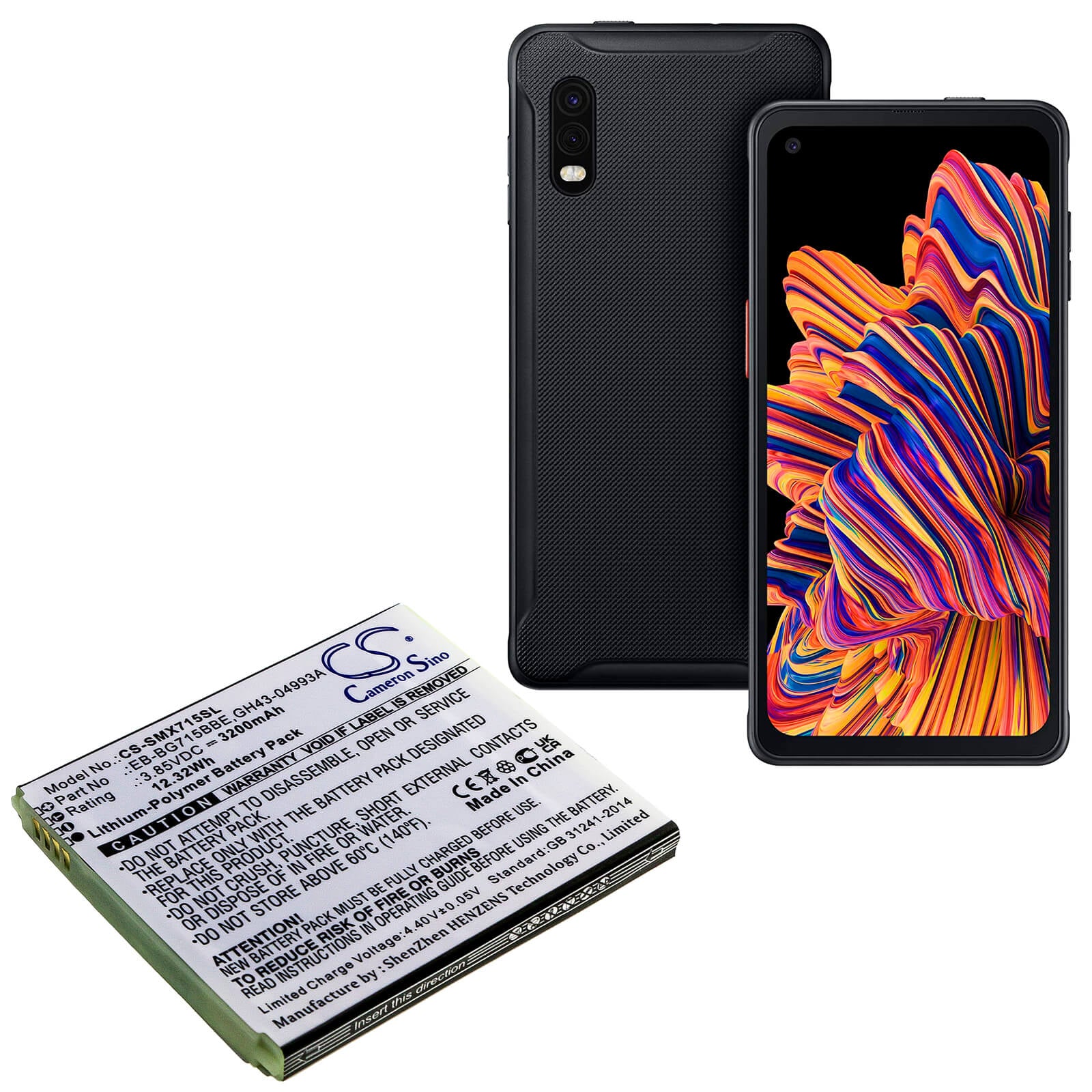 3.85V, 3200mAh, Li-Polymer Battery fits Samsung, Galaxy Xcover Pro, Sm-g715, 12.32Wh