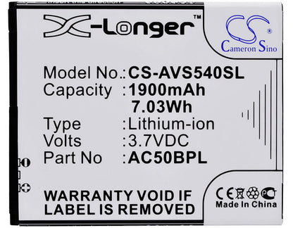 3.7V, 1900mAh, Li-ion Battery fits Archos, 50b Platinum, 7.03Wh