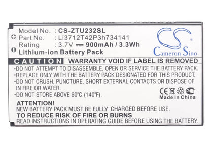 3.7V, 900mAh, Li-ion Battery fits Zte, N960, U236, 3.33Wh