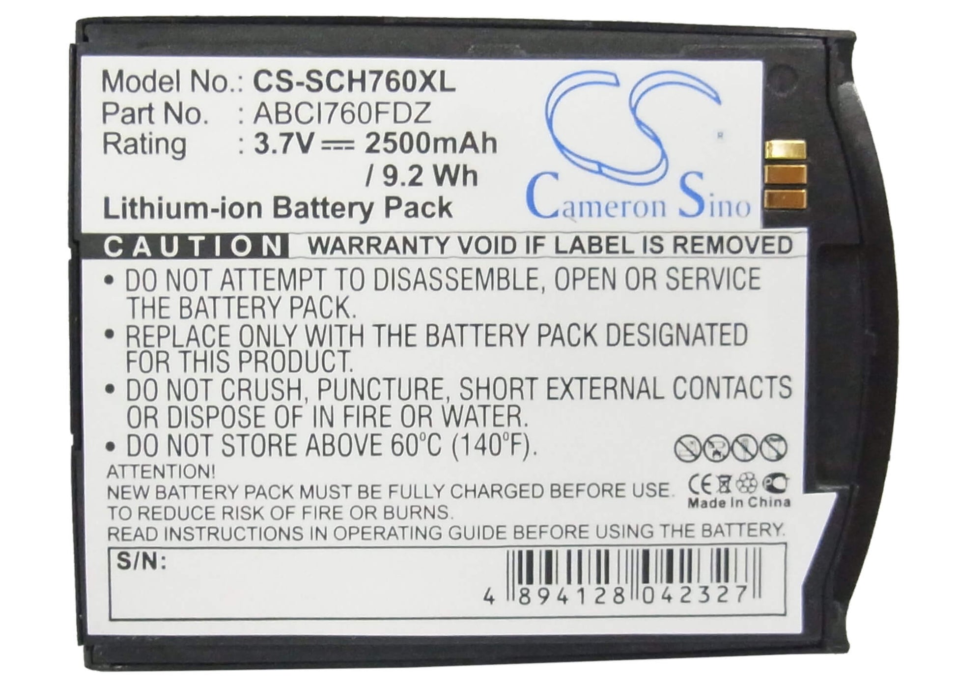 3.7V, 2500mAh, Li-ion Battery fits Samsung, Sch-i760, 9.25Wh