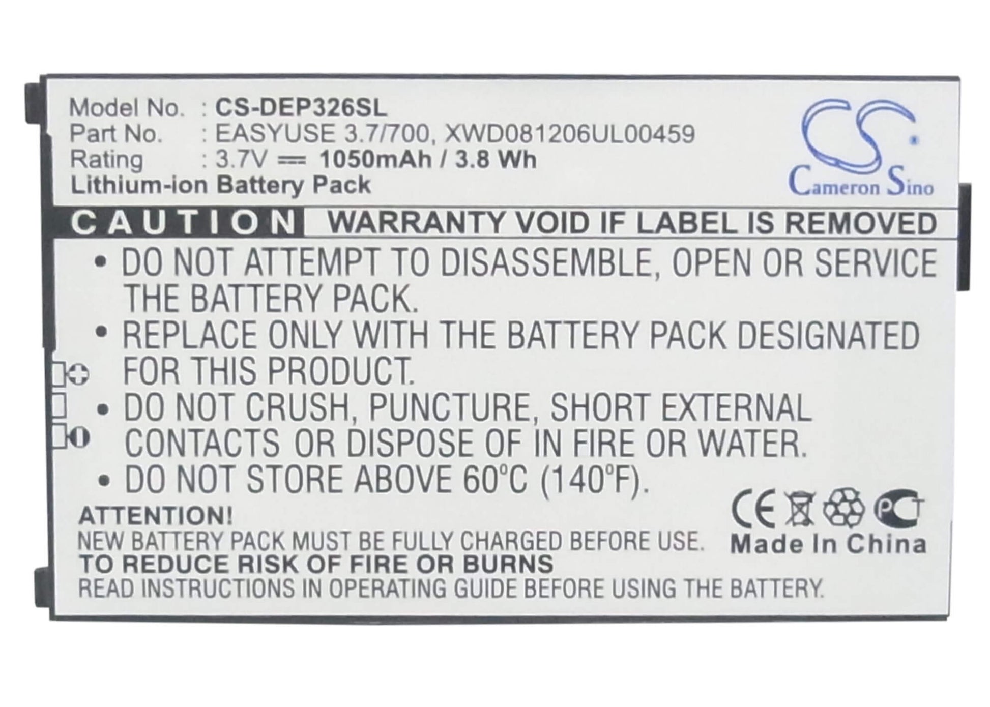 3.7V, 1050mAh, Li-ion Battery fits Doro, Handleplus 326i, Phoneeasy 326, 3.885Wh