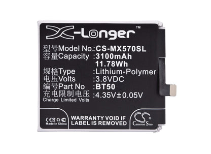 3.8V, 3100mAh, Li-Polymer Battery fits Meizu, Blue Charm Metal, Blue Charm Metal Dual Sim Td-l, 11.78Wh