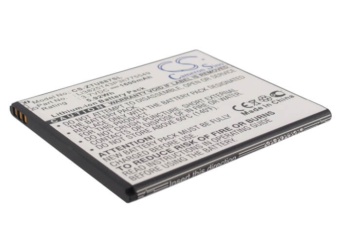 3.7V, 1600mAh, Li-ion Battery fits Zte, U887, 5.92Wh