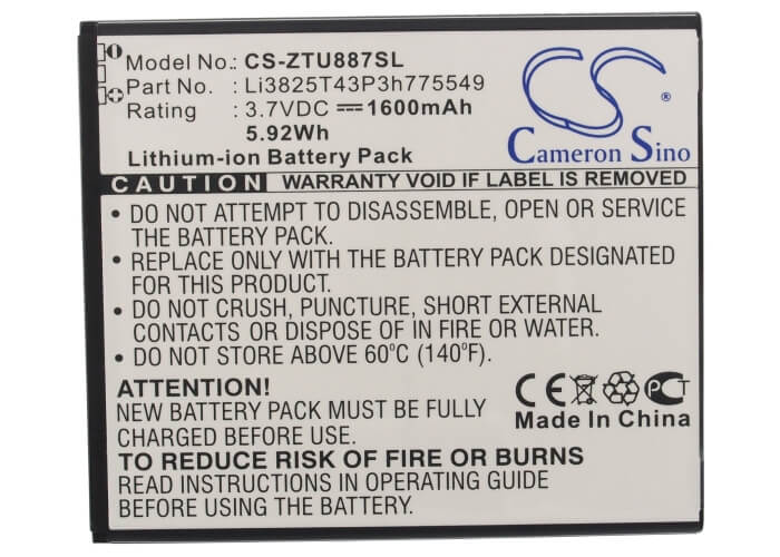 3.7V, 1600mAh, Li-ion Battery fits Zte, U887, 5.92Wh