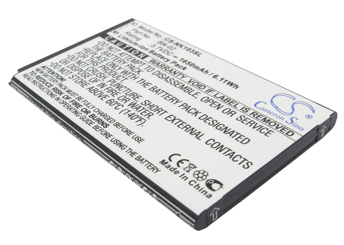 3.7V, 1650mAh, Li-ion Battery fits Nokia, Nokia Xl, Rm-1030, 6.105Wh