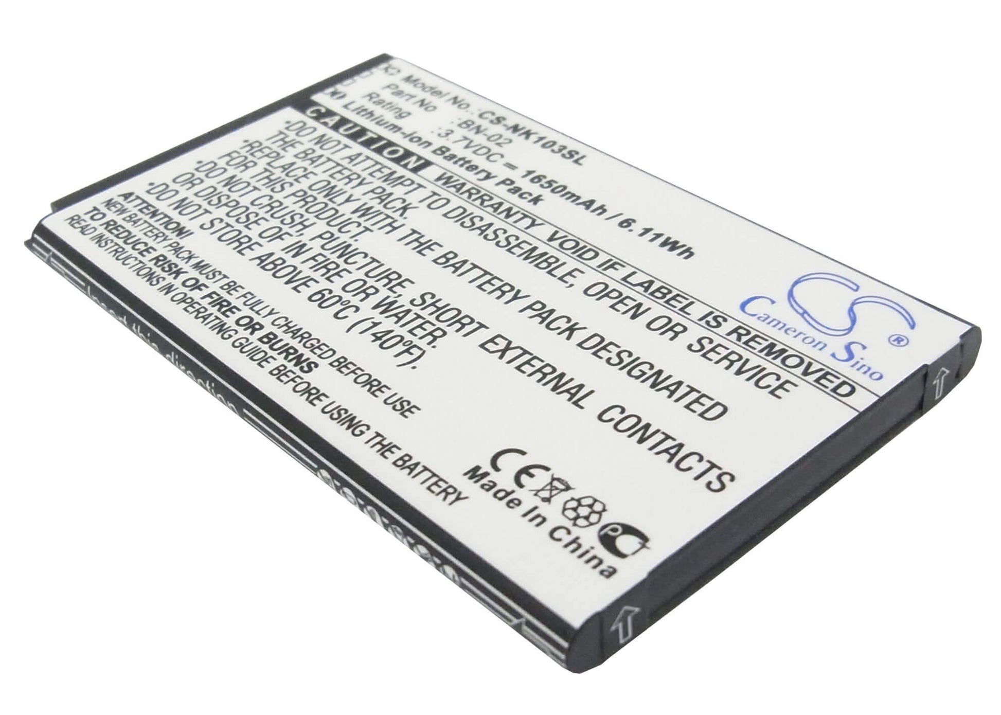 3.7V, 1650mAh, Li-ion Battery fits Nokia, Nokia Xl, Rm-1030, 6.105Wh