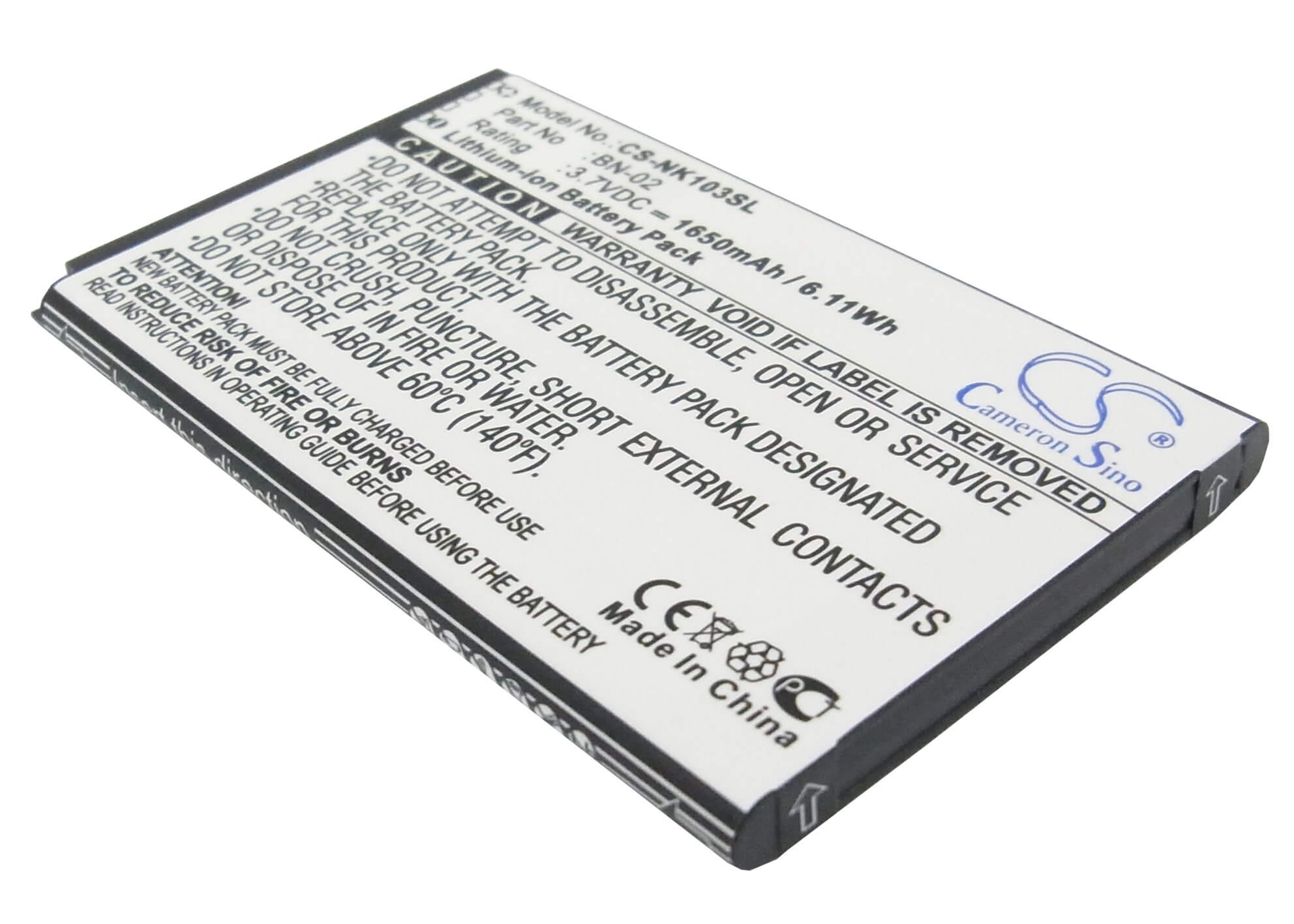 3.7V, 1650mAh, Li-ion Battery fits Nokia, Nokia Xl, Rm-1030, 6.105Wh