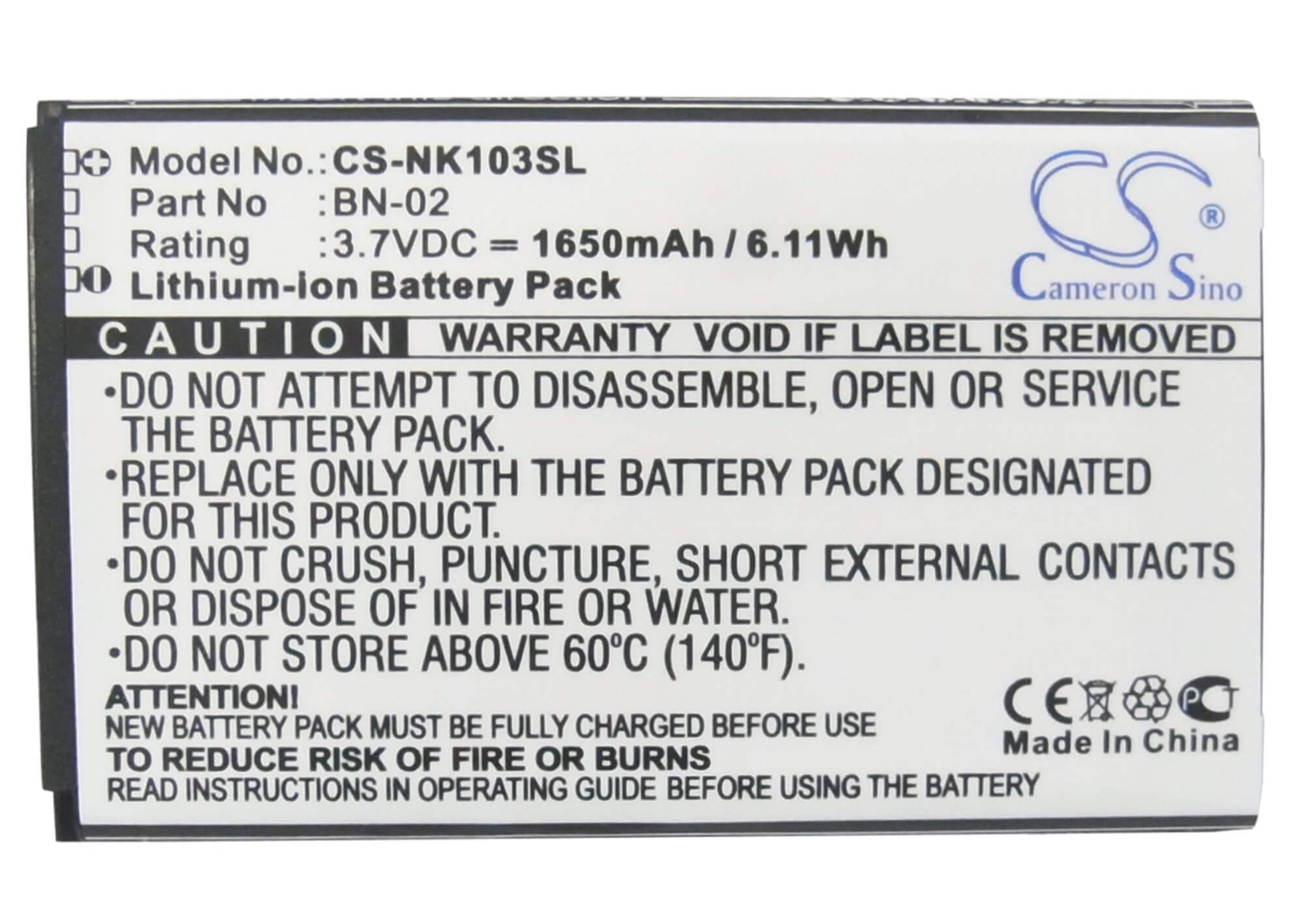 3.7V, 1650mAh, Li-ion Battery fits Nokia, Nokia Xl, Rm-1030, 6.105Wh