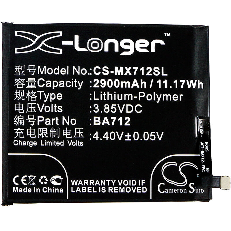 3.85V, 2900mAh, Li-Polymer Battery fits Meizu, M6s, M6s Premium Edition, 11.165Wh