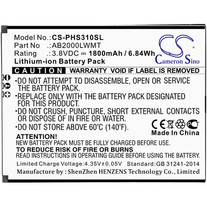 3.8V, 1800mAh, Li-ion Battery fits Philips, Xenium Cts310x, Xenium S310x, 6.84Wh