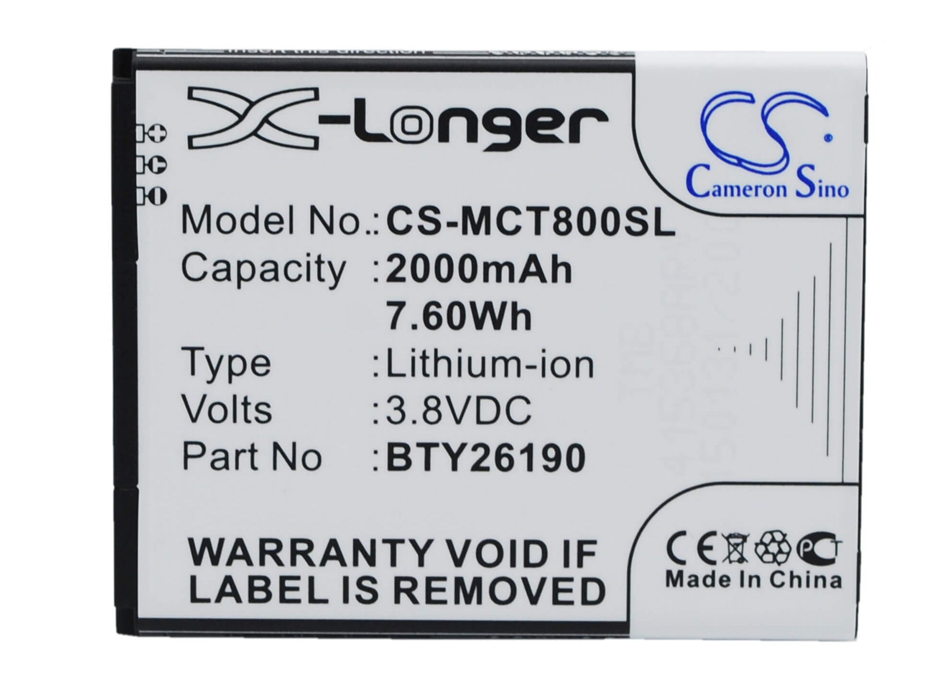3.8V, 2000mAh, Li-ion Battery fits Mobistel, Cynus T8, 7.6Wh