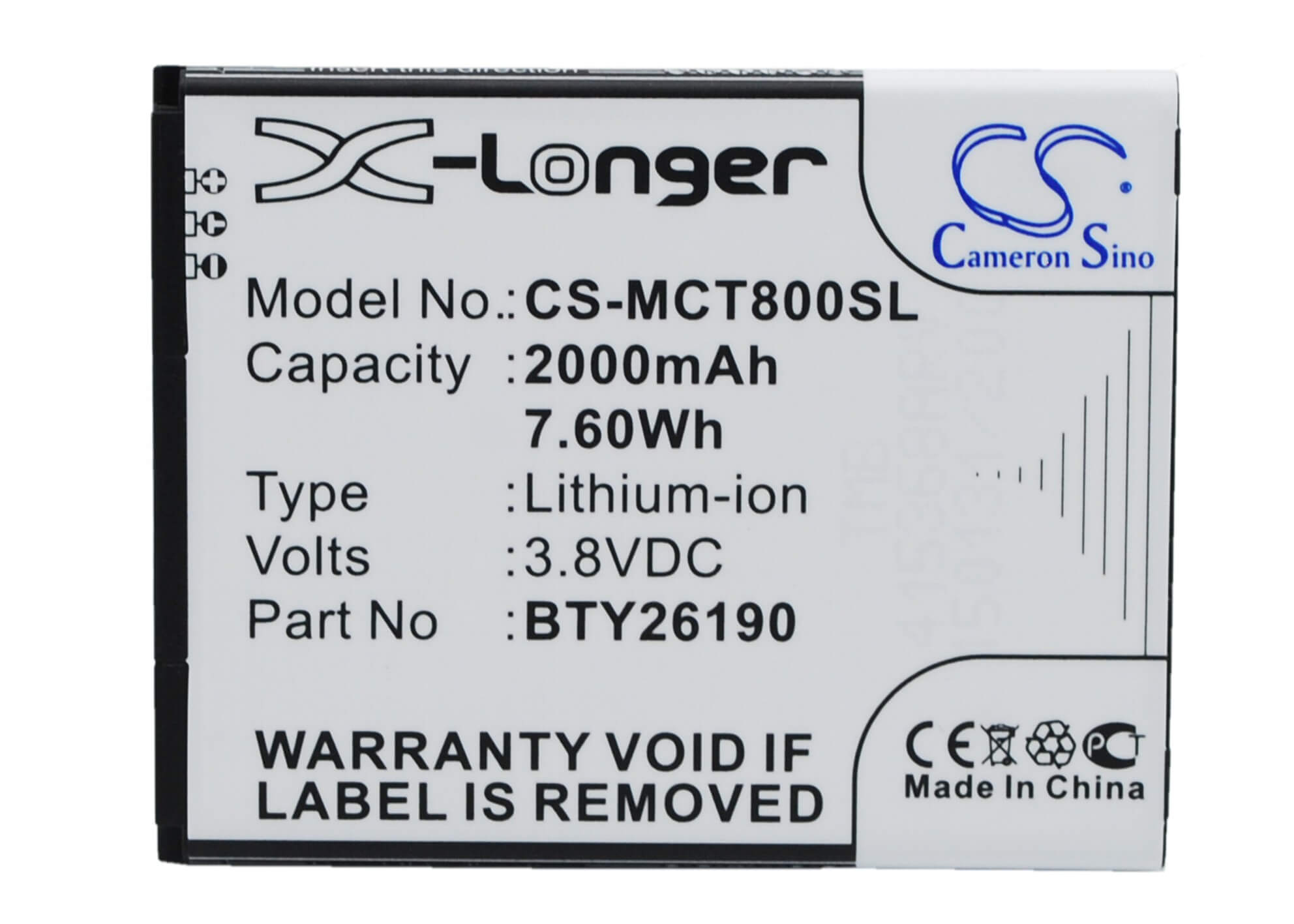 3.8V, 2000mAh, Li-ion Battery fits Mobistel, Cynus T8, 7.6Wh