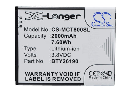 3.8V, 2000mAh, Li-ion Battery fits Mobistel, Cynus T8, 7.6Wh
