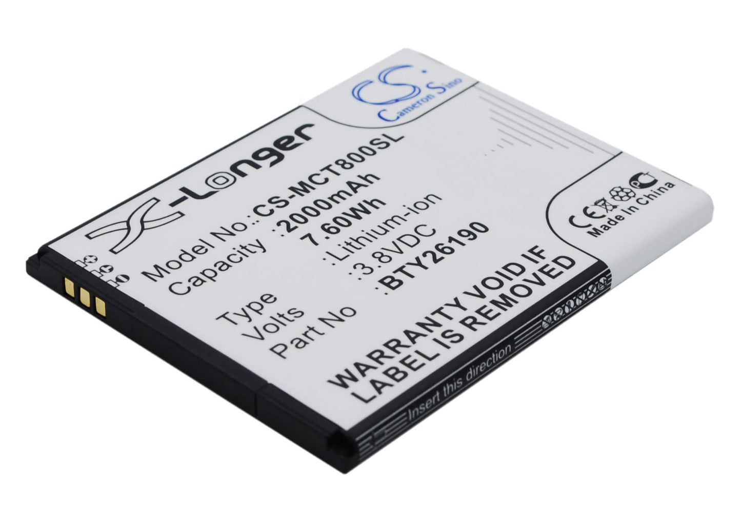 3.8V, 2000mAh, Li-ion Battery fits Mobistel, Cynus T8, 7.6Wh