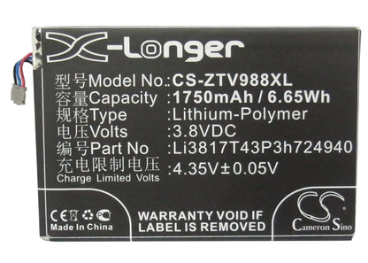 3.8V, 1750mAh, Li-Polymer Battery fits Net10, Ntzez753g3p5p, Paragon, 6.65Wh