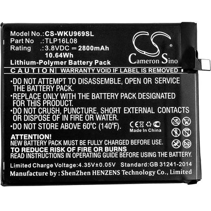3.8V, 2800mAh, Li-Polymer Battery fits Wiko, 9692, U Feel Prime, 10.64Wh