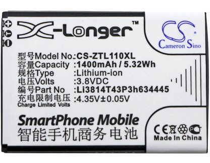 3.8V, 1400mAh, Li-ion Battery fits Zte, Blade L110, Blade L110 Dual Sim, 5.32Wh