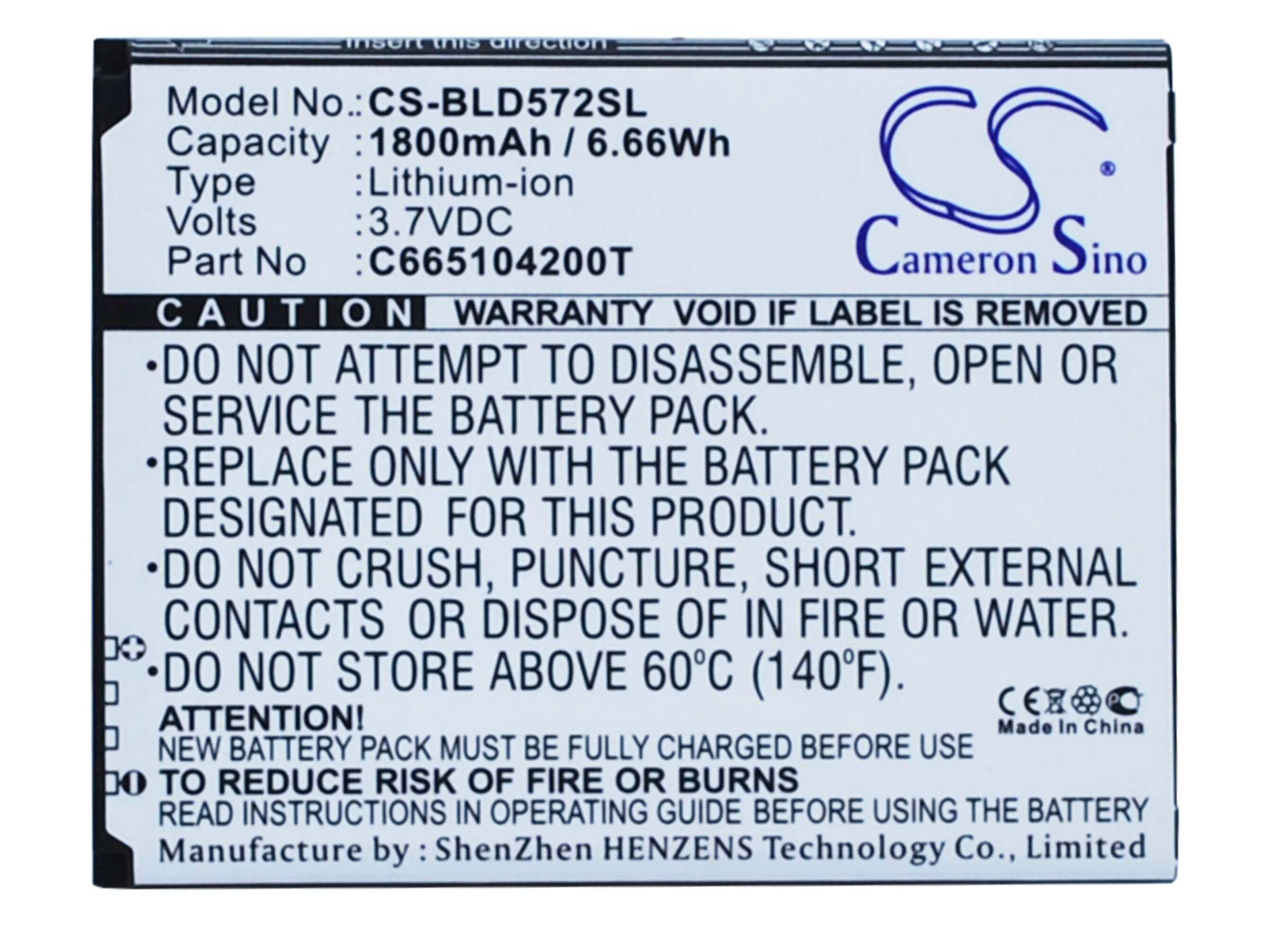 3.7V, 1800mAh, Li-ion Battery fits Blu, D572, D572a, 6.66Wh