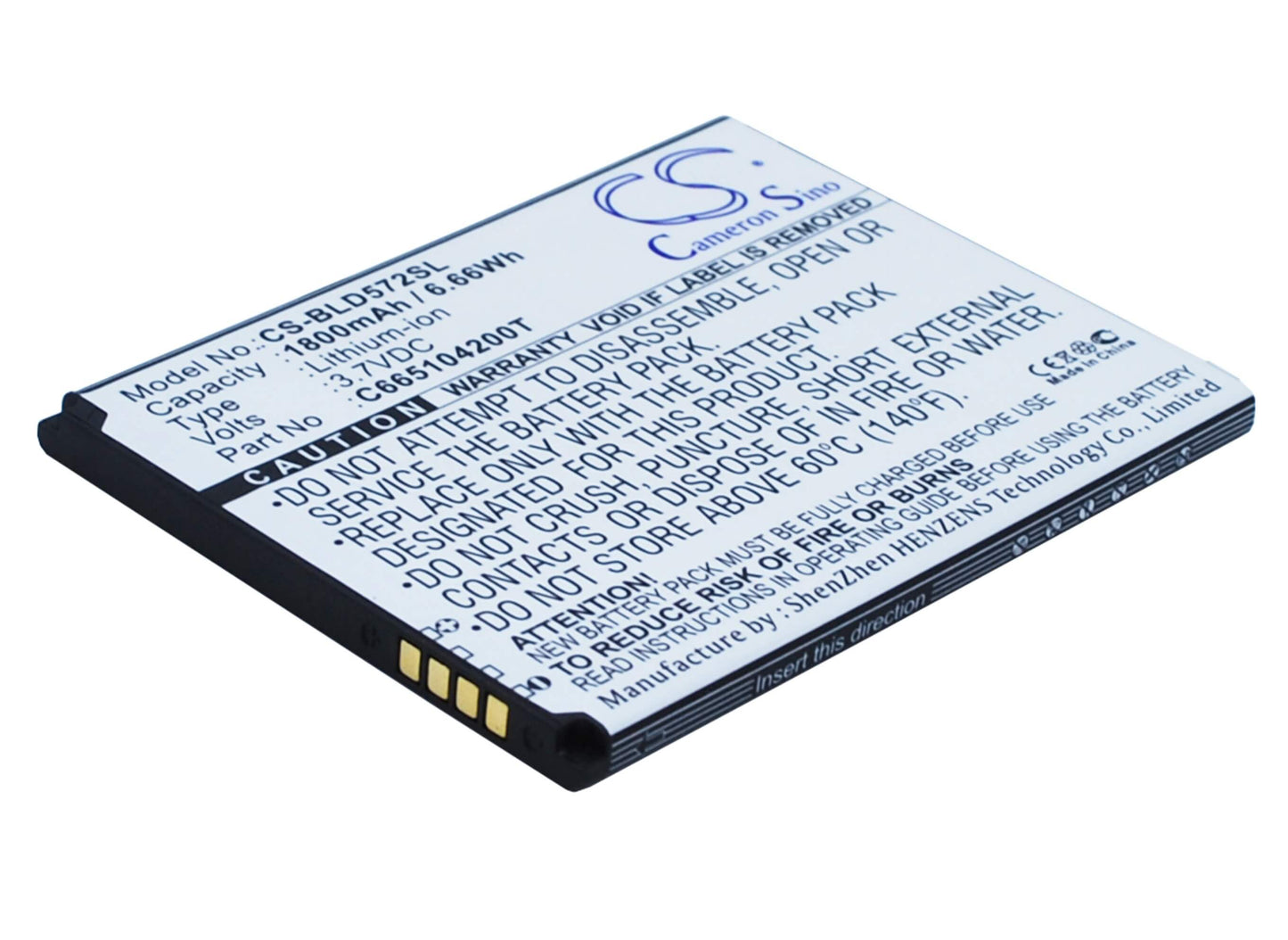 3.7V, 1800mAh, Li-ion Battery fits Blu, D572, D572a, 6.66Wh