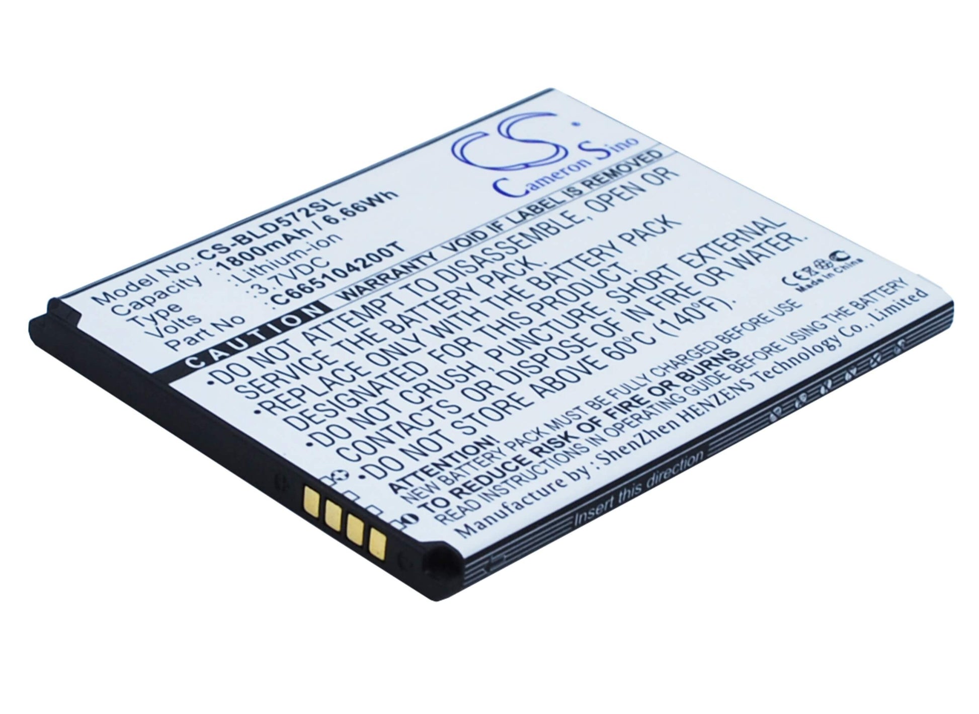 3.7V, 1800mAh, Li-ion Battery fits Blu, D572, D572a, 6.66Wh