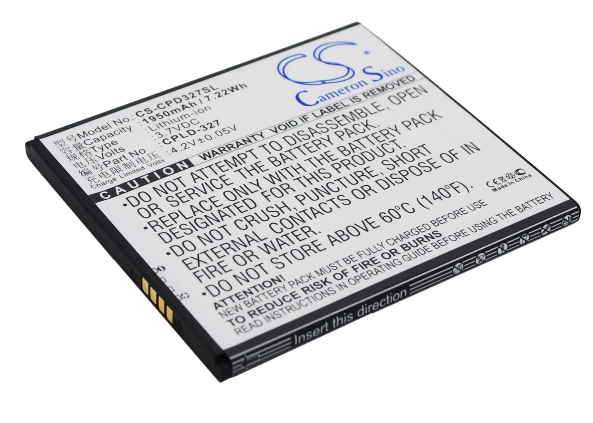 3.7V, 1950mAh, Li-ion Battery fits Coolpad, 5952, 7620l, 7.215Wh