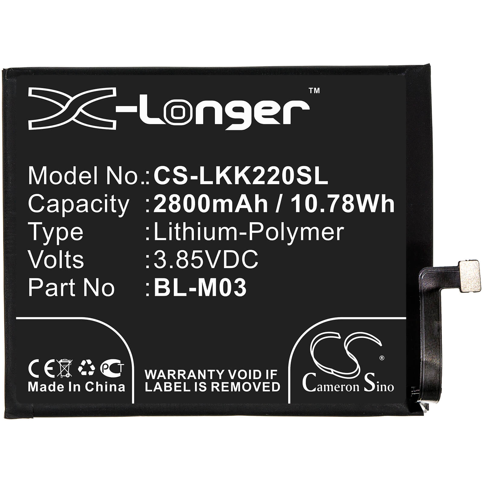3.85V, 2800mAh, Li-Polymer Battery fits Lg, K200bmw, K22 2020, 10.78Wh