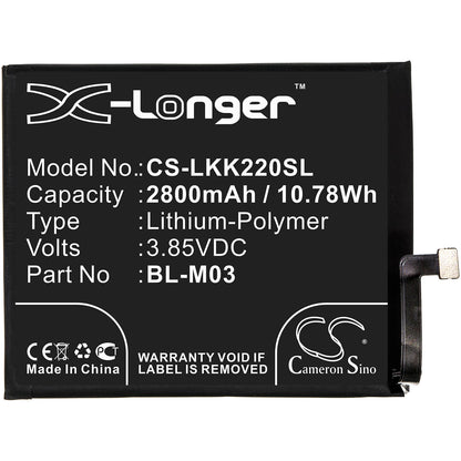 3.85V, 2800mAh, Li-Polymer Battery fits Lg, K200bmw, K22 2020, 10.78Wh