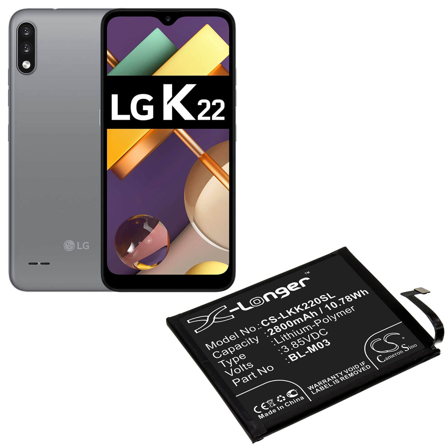 3.85V, 2800mAh, Li-Polymer Battery fits Lg, K200bmw, K22 2020, 10.78Wh