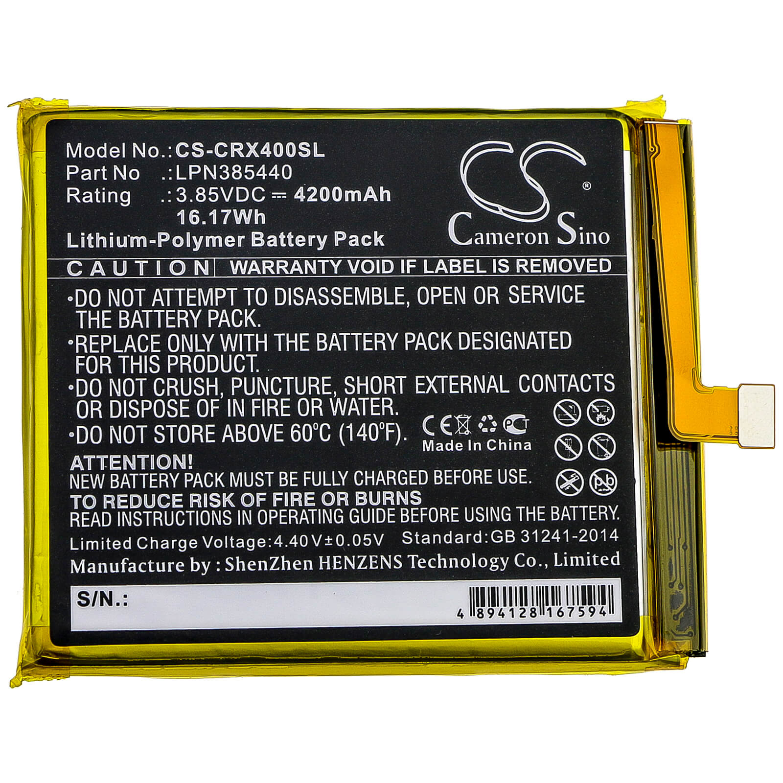 3.85V, 4200mAh, Li-Polymer Battery fits Crosscall, Trekker X4, 16.17Wh