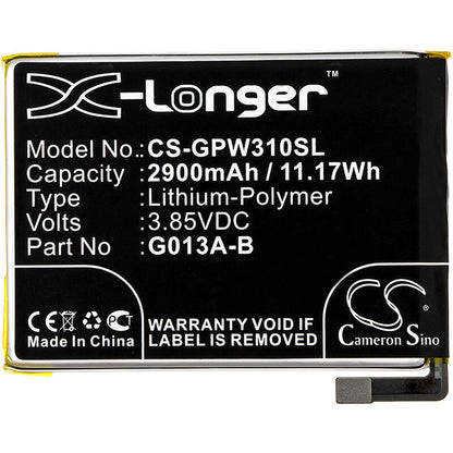 3.85V, 2900mAh, Li-Polymer Battery fits Google, G013a, G013b, 11.165Wh